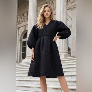 Black Quilted Midi Dress with Puff Sleeves